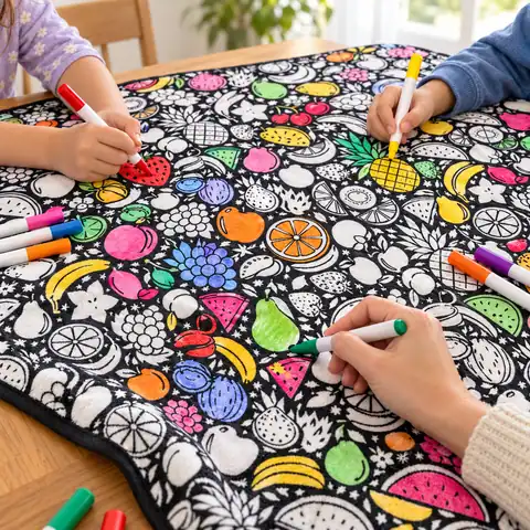 Manos de niños y de un adulto pintando la cobija Frutas, de frutas blancas sobre fondo negro