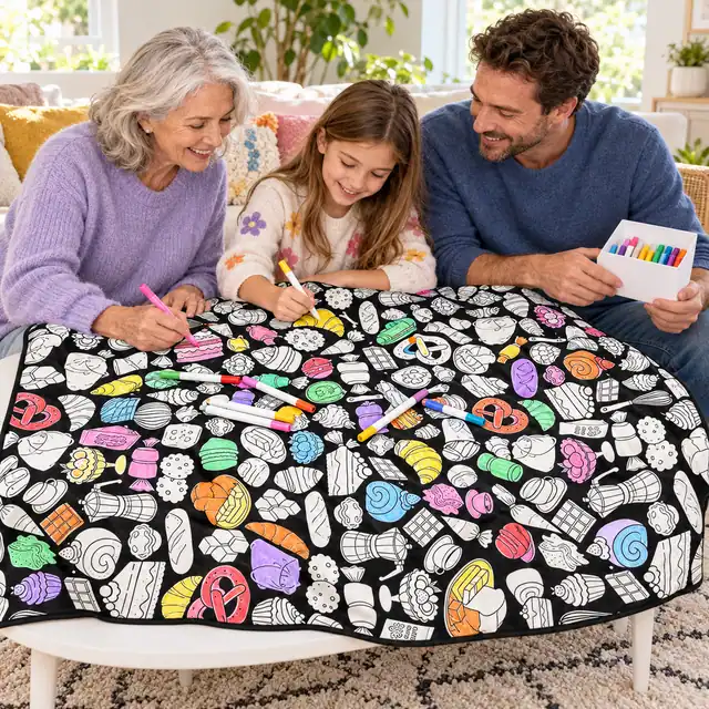 Cobija Panadería extendida y pintada a medias con plumones de colores